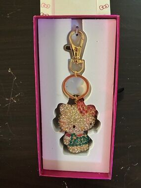 Hello Kitty Gold-Tone Crystal Keyring with Pink Bow and Teal Outfit